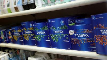 Women<em></em>'s sanitary products on sale at a small pharmacy in London, Friday, March, 18, 2016. 