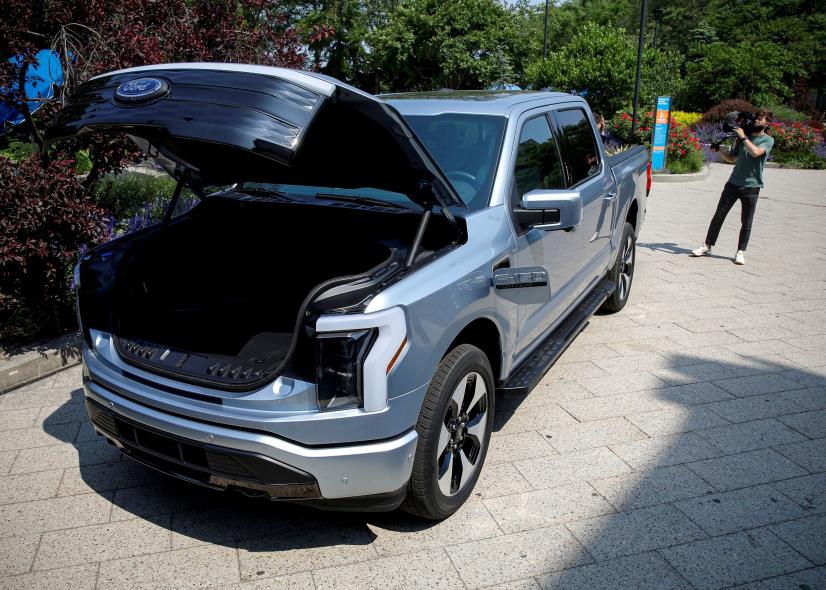 The Ford F-150 Lightning pickup truck is seen during a press event in New York City, U.S., May 26, 2021.  REUTERS/Brendan McDermid