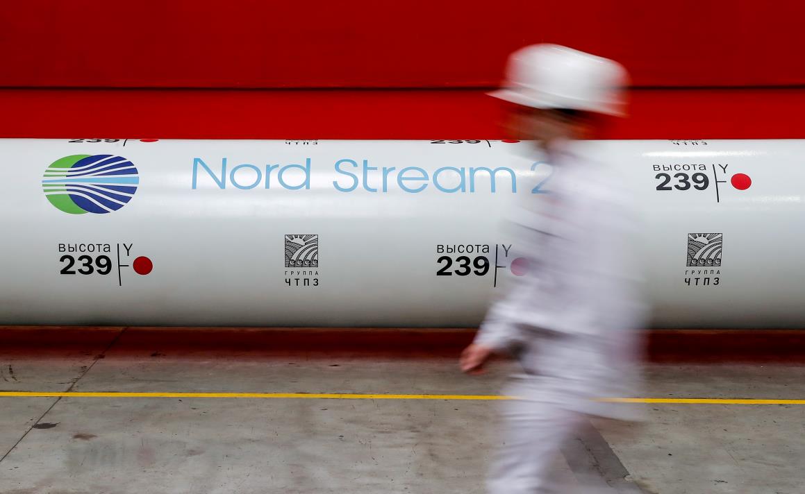 The logo of the Nord Stream 2 gas pipeline project is seen on a pipe at the Chelyabinsk pipe rolling plant in Chelyabinsk, Russia, February 26, 2020.  REUTERS/Maxim Shemetov//File Photo