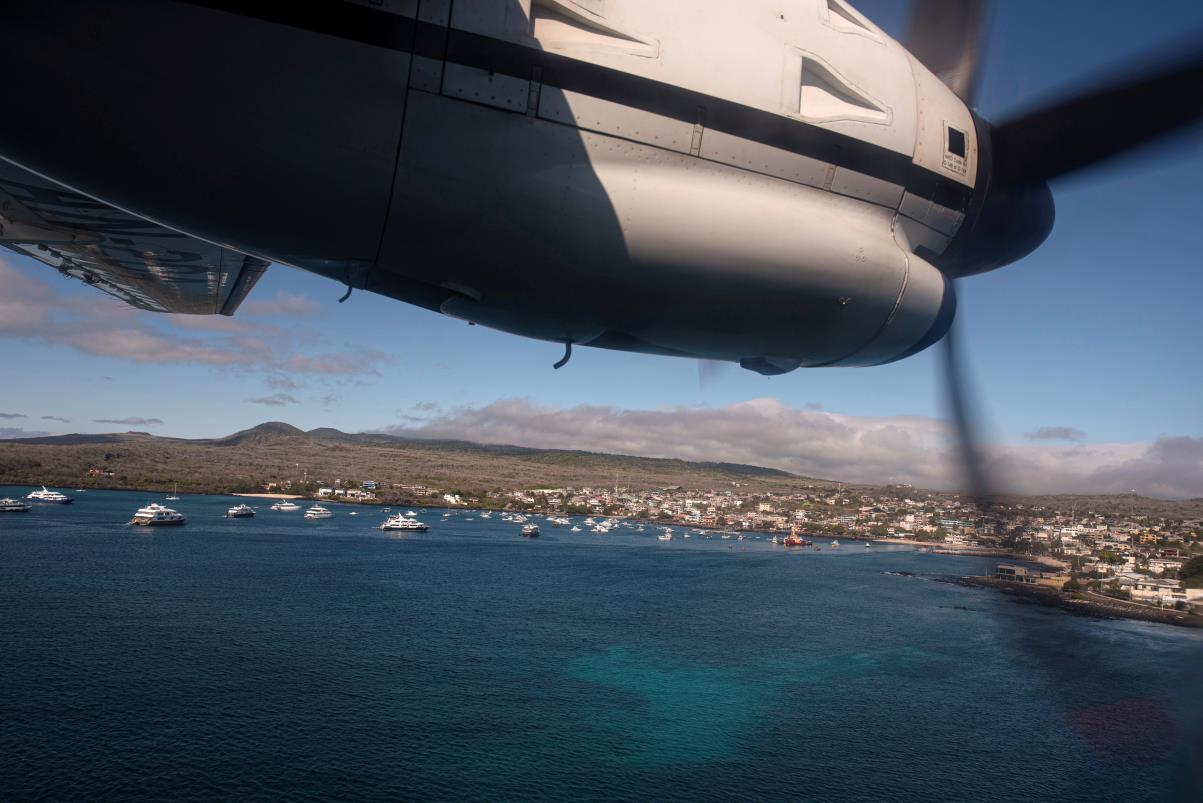 An Ecuadorian navy aircraft is preparing to land in San Cristobal after a fishing fleet of mostly Chinese-flagged ships was detected in an internatio<em></em>nal corridor that borders the Galapagos Islands' exclusive eco<em></em>nomic zone, in San Cristobal, Galapagos Islands, Ecuador August 7, 2020.REUTERS/Santiago Arcos