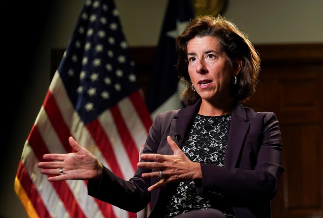 U.S. Commerce Secretary Gina Raimo<em></em>ndo speaks during a Reuters interview at the Department of Commerce in Washington U.S., September 23, 2021. REUTERS/Kevin Lamarque