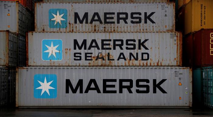 Empty Maersk shipping co<em></em>ntainers are seen stacked at Peel Ports co<em></em>ntainer terminal in Liverpool northern England, December 9, 2016. REUTERS/Phil Noble