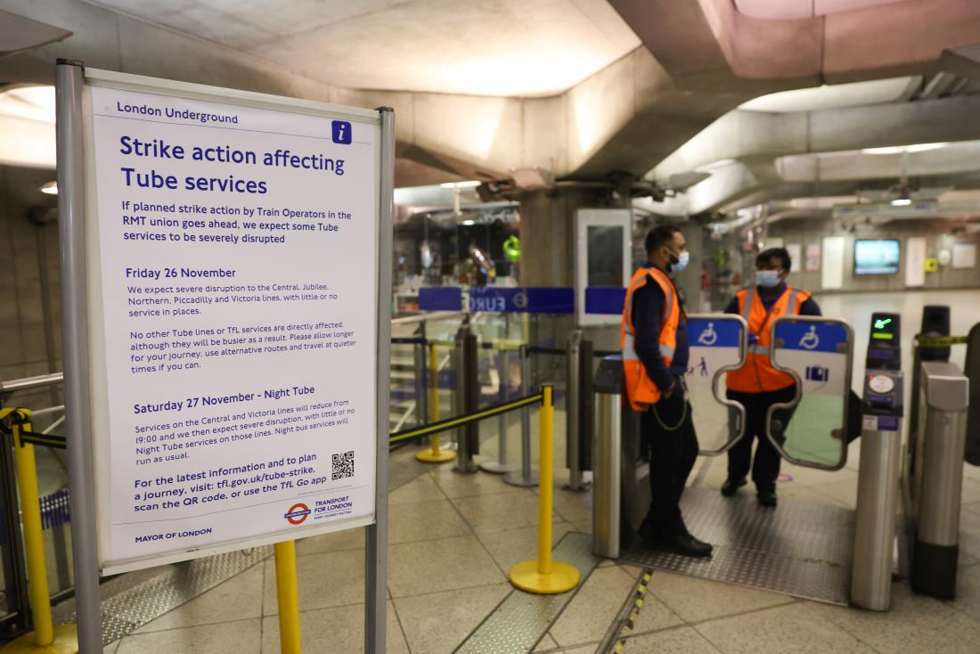 A sign is pictured at Westminster station during a tube strike, in London, Britain, November 26, 2021. REUTERS/Tom Nicholson