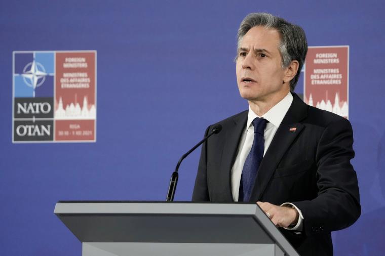 U.S. Secretary of State Antony Bme<em></em>taen speaks during the NATO Foreign Ministers summit in Riga, Latvia December 1, 2021. REUTERS/Ints Kalnins