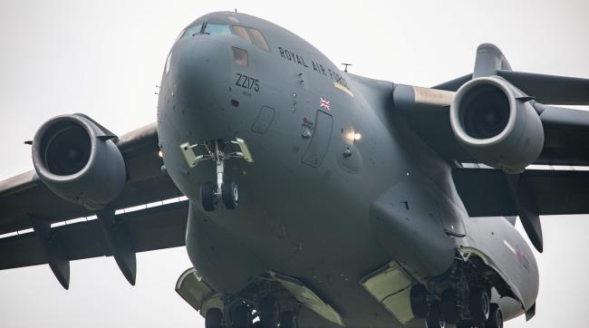 RAF C-17A Globemaster III heavy-lift aircraft, flown by 99 Squadron, lands at RAF Brize Norton ba<em></em>se, in Oxfordshire, Britain August 29, 2021. Cpl 'Matty' Matthews/UK MOD Crown copyright 2021/Handout via REUTERS  