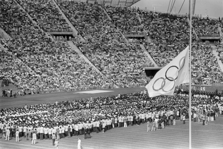 The Olympic flag flying at half-mast during the memorial service for the murdered Israeli athletes. 