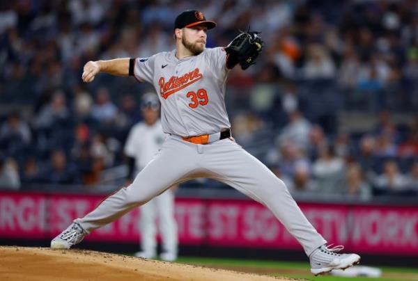 Baltimore Orioles' Corbin Burnes pitches during the first inning of a ba<em></em>seball game against New York Yankees, Thursday, Sept. 26, 2024, in New York. (AP Photo/Noah K. Murray)