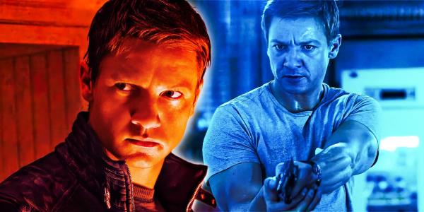 A collage image of Jeremy Renner looking serious in various images of the Jason Bourne movies