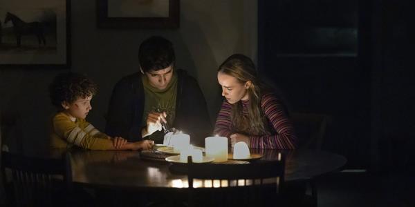 Caleb Dolden as Arlo Chenoweth, Luciano Leroux as Nicholas Shanley, Emilie Bierre as Meryl Chenoweth inspecting something in Teacup