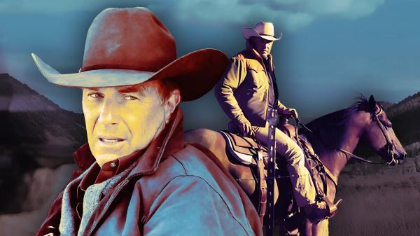 An edited image of Kevin Costner in Yellowstone riding a horse