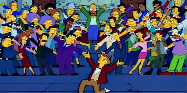 The Simpsons Marge vs the Mo<em></em>norail song as all the characters including Homer raise their hands up