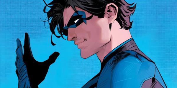 Comic book art: Nightwing in profile with his hand in front of his face.