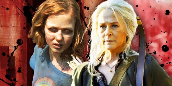 Melissa McBride as Carol Peletier with long hair and Madison Lintz as a zombified version of Sophia Peletier in The Walking Dead