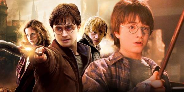 A collage of Hermione, Harry, and Ron with their wands pointed, and Harry holding his wand for the first time in Harry Potter