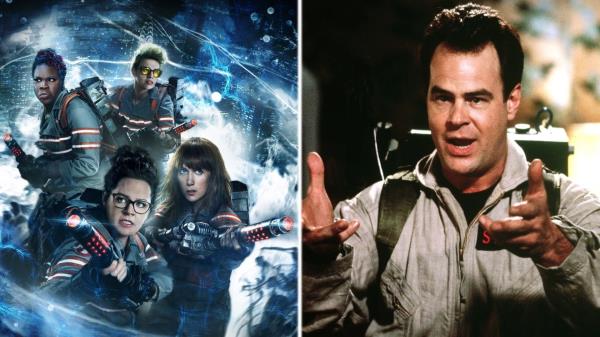 ghostbusters 2016 cast next to Dan Aykroyd in the original