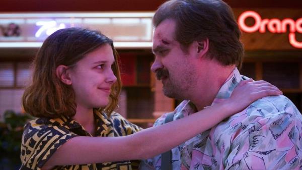 Millie Bobby Brown and David Harbour in Stranger Things