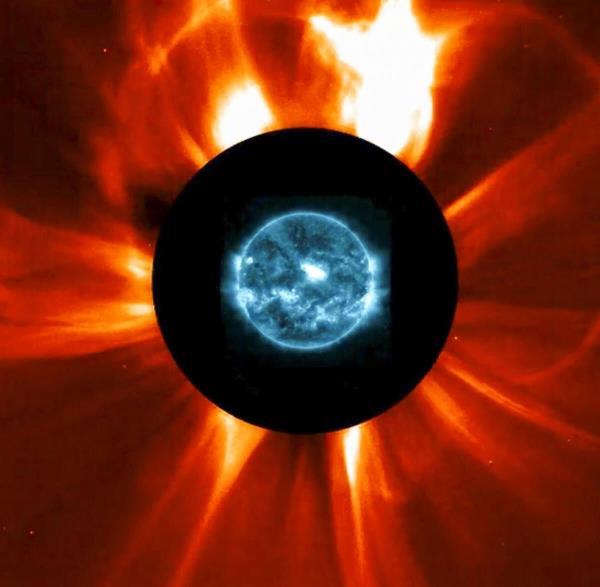 The solar magnetic storm which impacted Earth seen erupting out of the Sun's outer atmosphere. Bright region marks the location of the solar flare which gave birth to the solar storm.