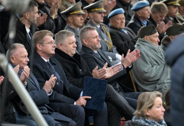 From left to right: Former President Rudolf Schuster, Acting Speaker of Parliament Peter ?iga, Prime Minister Robert Fico and President Peter Pellegrini during the celebrations of the 80th anniversary of the Carpathian-Dukla Operation at the Memorial of the Czechoslovak Army Corps in Dukla, eastern Slovakia, on October 6, 2024.