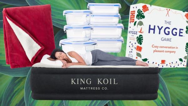 A fleece blanket, glass food containers, Hygge co<em></em>nversation game and King Koil air mattress