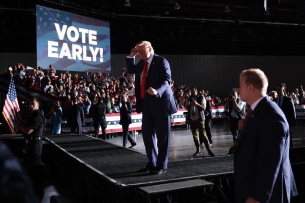 Republican presidential nominee, former President Do<em></em>nald Trump, photographed o<em></em>nstage at one of his rallies on October 18, 2024, in Detroit, Michigan. 