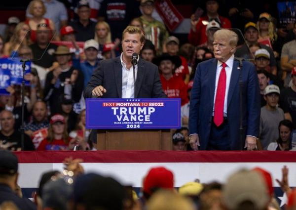 Sheehy speaks at a rally supporting Republican presidential candidate Do<em></em>nald Trump in Bozeman, Montana, on August 9, 2024. 