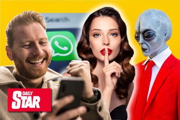 A man laughing at his phone, a sassy womanm the whatsapp logo and an alien in a suit.