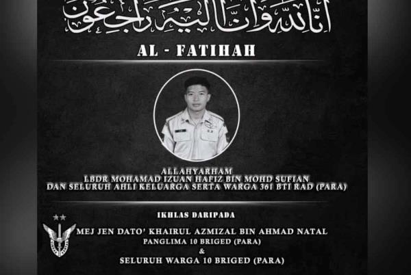 LBdr Mohd Izuan Hafiz Mohd Supian, 26, from the 361 Bti RAD (Para) passed away after reportedly experiencing dehydration during a training session at Kem Terendak, Melaka on Oct 22.