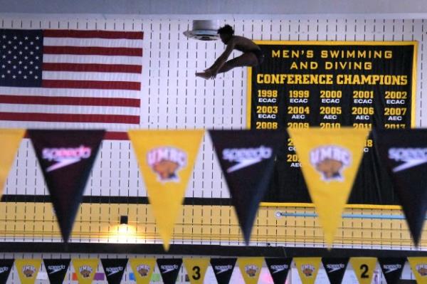 Kaleb Cave is a freshman on the UMBC diving team who is a gymnast with 150K followers on Instagram. The Columbia resident and Hammond graduate also goes to world champio<em></em>nships for tumbling and will be there again this year. He was a regular student who apparently had never tried diving, but went to the coaches last year asking to learn how to dive. They spent all year teaching him, and he finished second in the 1-meter and the 3-meter events at American on Oct. 5 in his first diving meet and was named the America East's Rookie of the Week on Oct. 8. (Lloyd Fox/Staff photo)