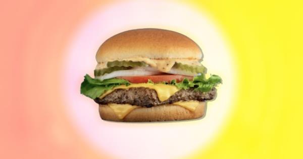 Wendy's Krabby Patty burger, on a pink and yellow background