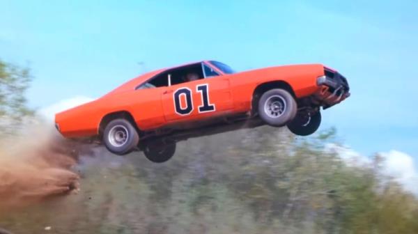 The General Lee jumping through the air against a blue sky