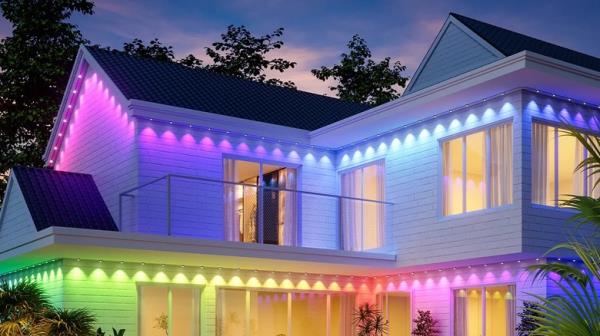 A white house decorated by RGB lights