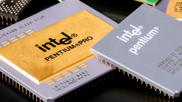 Two old Intel Pentium chips on top of each other