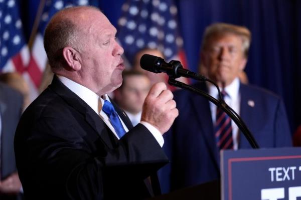 Tom Homan speaks as Republican presidential candidate former President Do<em></em>nald Trump listens at a primary election night party in Nashua, N.H., Tuesday, Jan. 23, 2024. (AP Photo/Matt Rourke)