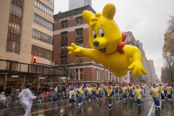 A balloon floats by along Central Park West during the Macy's Thanksgiving Day parade, Thursday, Nov. 28 2024, in New York. (AP Photo/Yuki Iwamura)