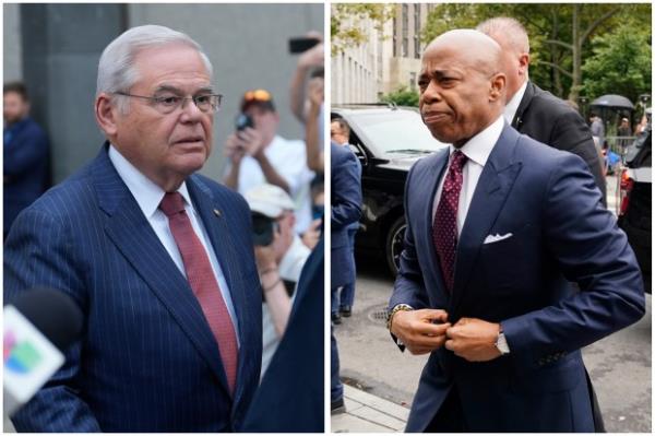 Senator Bob Menendez (left) and Mayor Eric Adams (right) are pictured outside Federal Court in Manhattan this year.