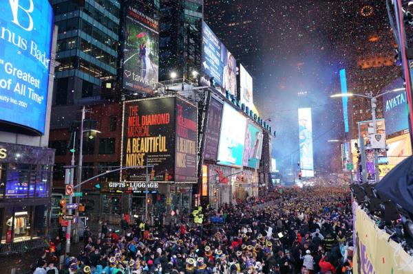 Crowd celebrating New Year's Eve 2023 at the Times Square ball drop event in New York City