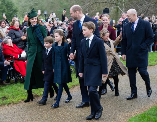 Catherine, Princess of Walesm Prince Louis of Wales, Princess Charlotte of Wales, Prince William, Prince of Wales Prince George of Wales, Mia Tindall and Mike Tindall attend the Christmas Morning Service at Sandringham Church on December 25, 2024.