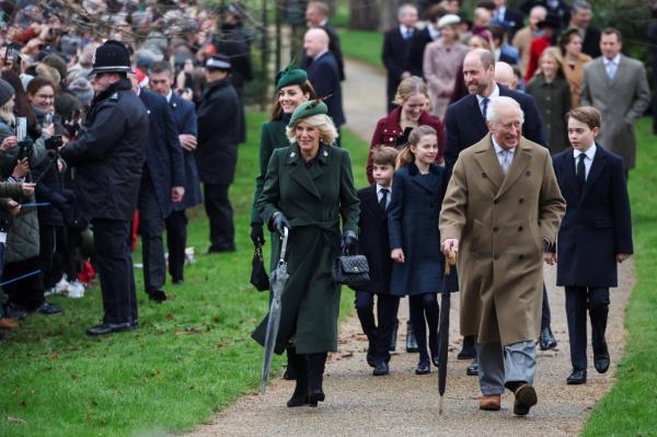 King Charles, Queen Camilla, Britain's William, Prince of Wales, Catherine, Princess of Wales, Prince George, Prince Louis and Princess Charlotte walk to attend the Royal Family's Christmas Day service at St. Mary Magdalene's church, as the Royals take residence at the Sandringham estate in eastern England, Britain December 25, 2024