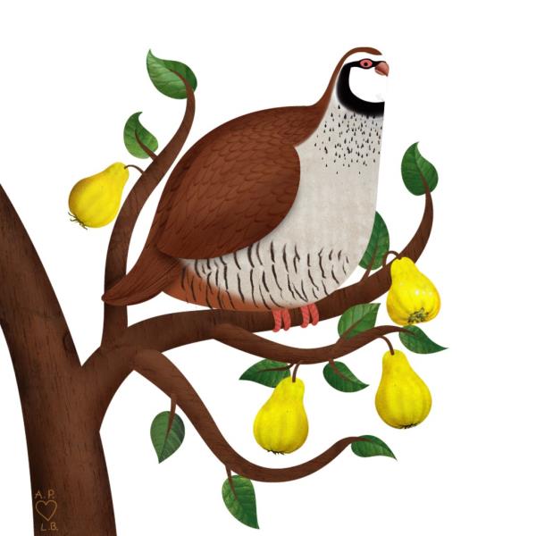 A bird perched on a pear tree branch