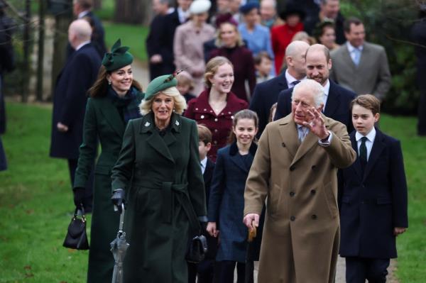 Britain's King Charles, Queen Camilla, Britain's William, Prince of Wales, Catherine, Princess of Wales, Prince George, Prince Louis and Princess Charlotte walk to attend the Royal Family's Christmas Day service.