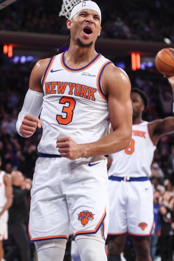 New York Knicks guard Josh Hart (3) reacts after missing a layup in the fourth quarter against the San Anto<em></em>nio Spurs at Madison Square Garden.