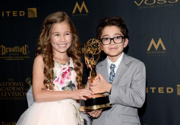 Brooklyn Rae Silzer and Nicolas Bechtel pose in the press room with the Emmy for Outstanding Drama Series: General Hospital at the 43rd Annual Daytime Emmy Awards on May 1, 2016, in LA.