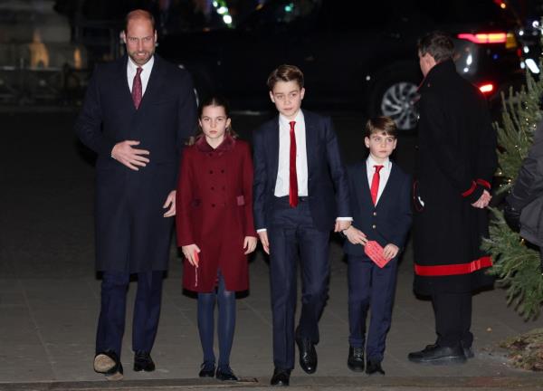 Prince William, Prince of Wales, Princess Charlotte, Prince George and Prince Louis arrive at the 'Together At Christmas' Carol Service at Westminster Abbey on December 06, 2024 in London, England.