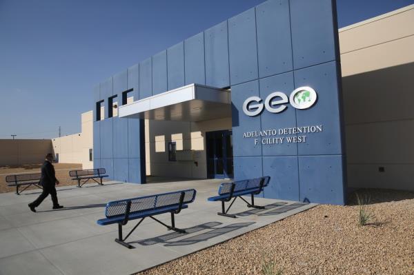 A photo of the outside of the Adelanto Detention Facility in southern California.