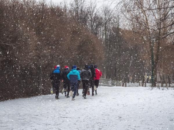 Group of runners jogging through Central Park in winter evening, depicting an active lifestyle