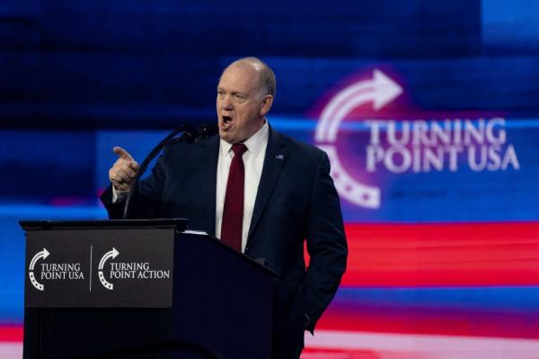 Tom Homan speaks from a podium at Turning Point Action's AmericaFest co<em></em>nference in Phoenic.