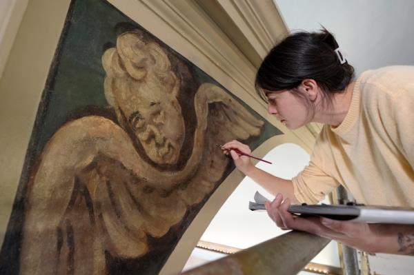 Co<em></em>nservator Corrine Long restoring nearly 300-year-old painted angels on the walls of Old North Church, Boston