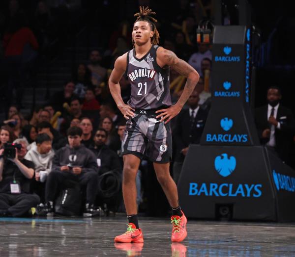 Noah Clowney #21 of the Brooklyn Nets reacts on the court during the second half when the Utah Jazz defeat the Brooklyn Nets 105-94 Saturday, December 21, 2024 at Barclays Center in Brooklyn, NY.