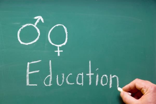 A hand writing a<em></em>bout Sex Education on a chalkboard in a school