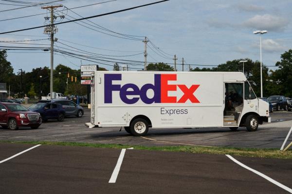 FedEx delivery truck parked in Mentor, Ohio, ahead of FedEx's upcoming earnings figures release